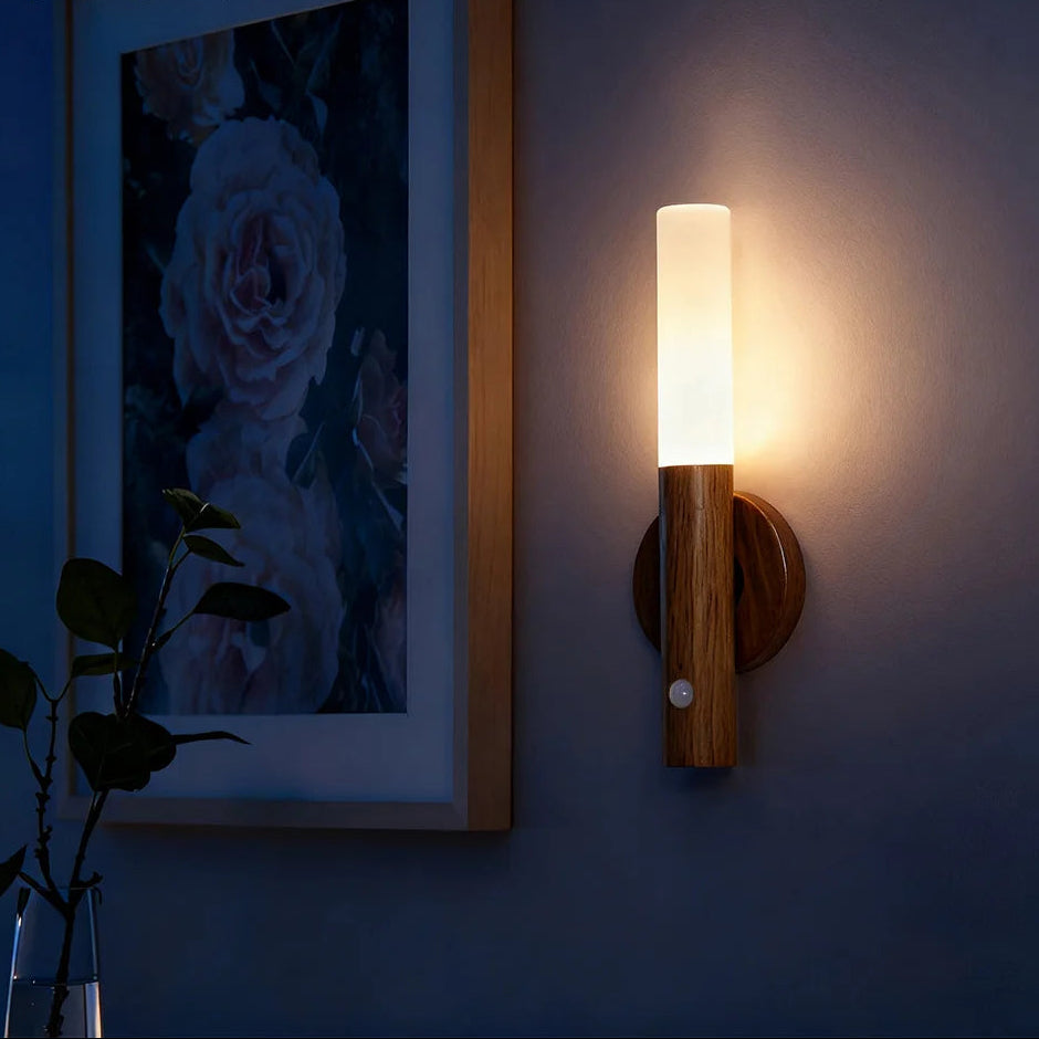 Magnetic LED Wall Light with PIR Motion Sensor and 360° Rotation - Rechargeable Wood Grain Night Lamp for Kitchen and Home Use